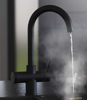 EVO AVISTA/310 SERIES 3 IN 1 MATT BLACK BOILING WATER MONO DUAL LEVER SWAN NECK SHAPED KITCHEN SINK MIXER TAP, SWIVEL SPOUT with PUSH BUTTON TANK, BWT314MB